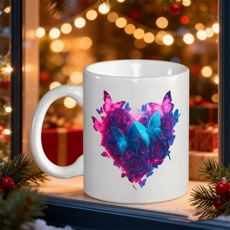Tailorly White Ceramic 11 oz Mug - Vibrant Neon Butterflies Fluttering Amidst A Lush Arrangement Of Radiant Roses Heart
