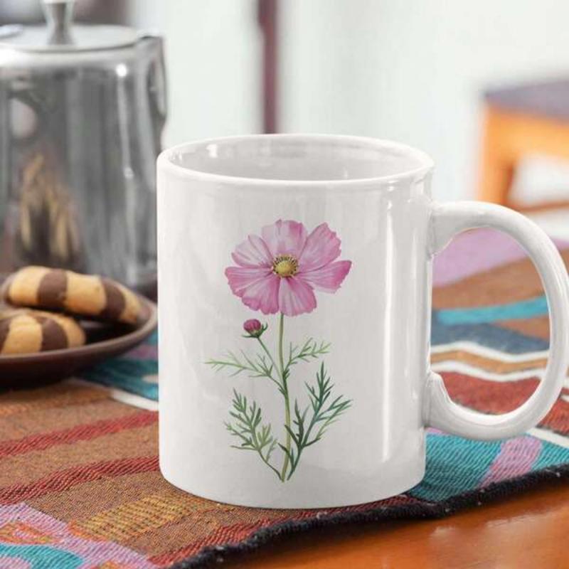 Tailorly White Ceramic 11 oz Mug - Delicate Pink Cosmos Blooming Gracefully Amidst Slender Green Leaves Botanical Garden Flower