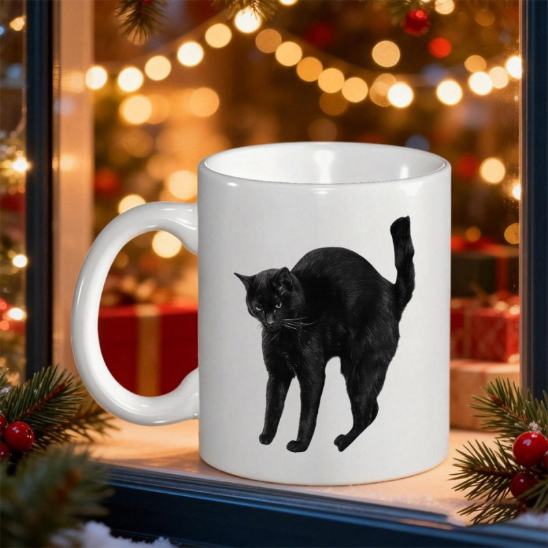 Tailorly White Ceramic 11 oz Mug - Elegant Arched Back Silhouette Of A Mysterious Midnight Black Feline Cat