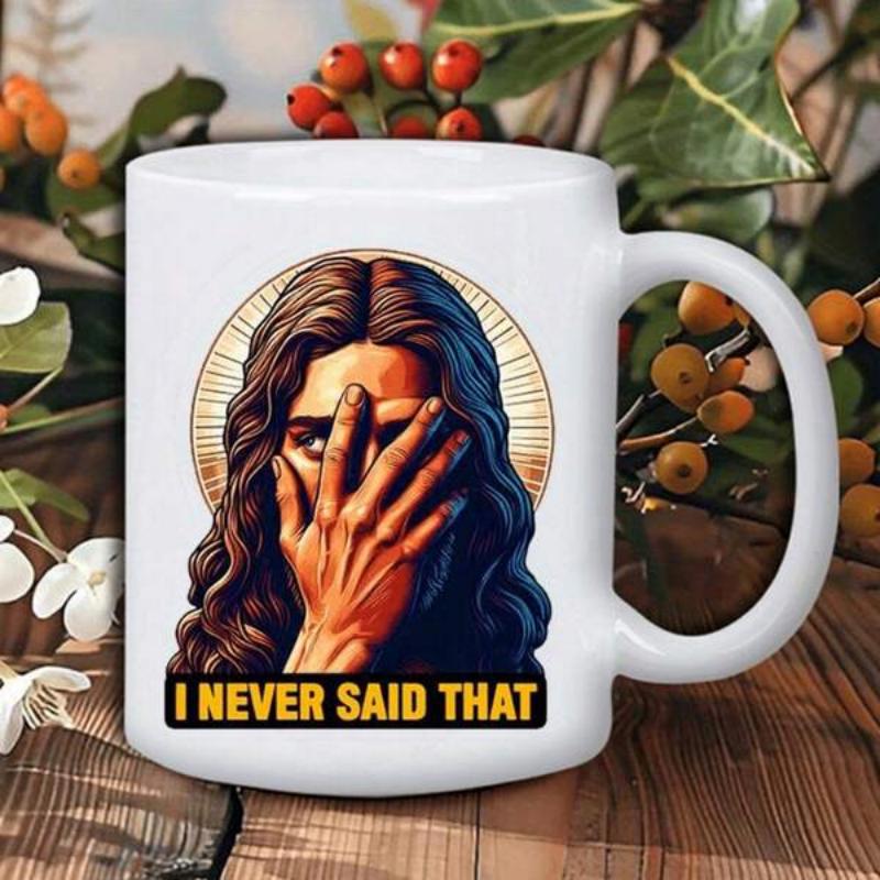 Tailorly White Ceramic 11 oz Mug - I Never Said That Long Haired Man Covering Face With Hand Under Golden Halo Portrait