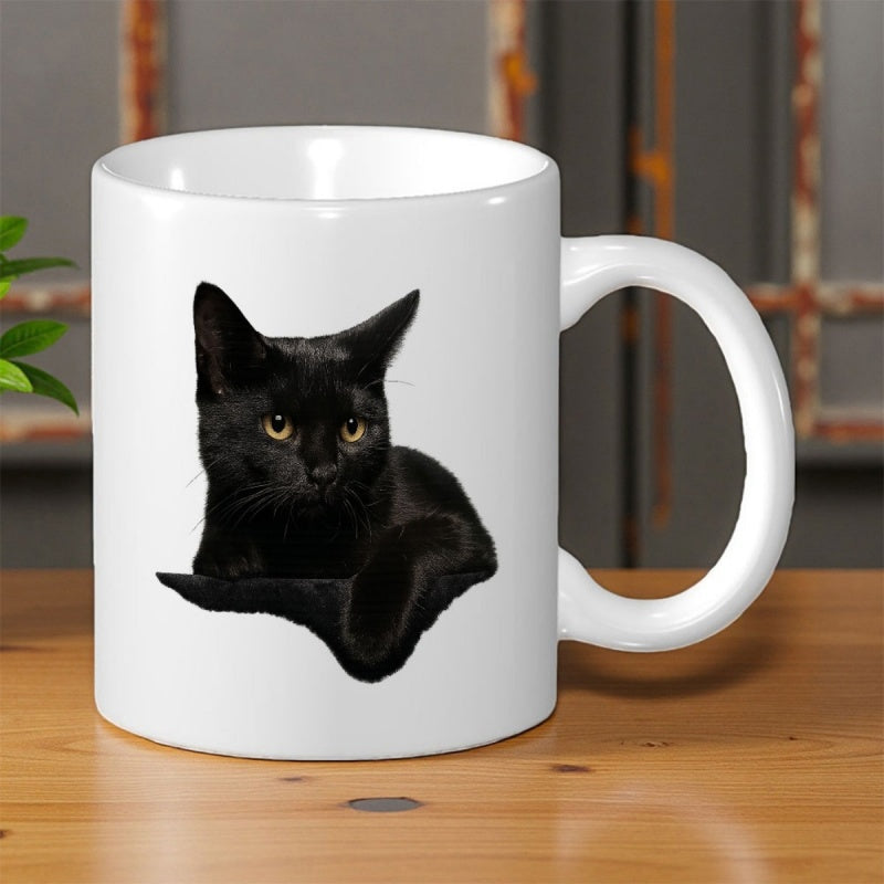 Tailorly White Ceramic 11 oz Mug - Mysterious Elegant Black Feline Sitting Calmly Within A Minimalist Frame Cat