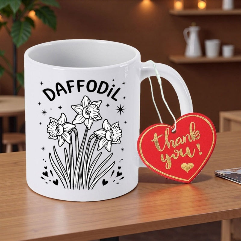 Tailorly White Ceramic 11 oz Mug - Daffodil Thank You Three Spring Flowers Blooming With Line Art Detail And Small Hearts Daffodil