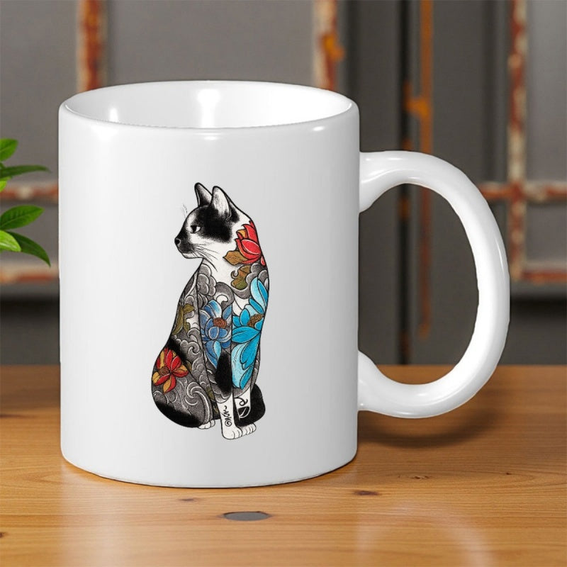 Tailorly White Ceramic 11 oz Mug - Elegant Sitting Black And White Feline Adorned With Vibrant Floral Tattoos Cat