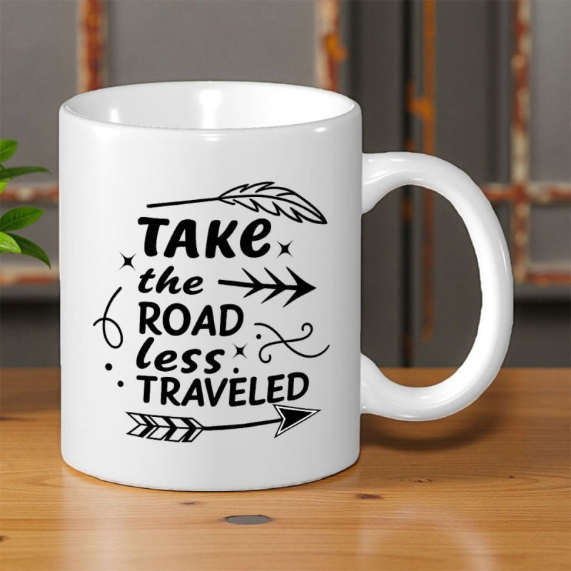 Tailorly White Ceramic 11 oz Mug - Take The Road Less Traveled Inspirational Quote With Hand Drawn Arrows And Decorative Feather Mug