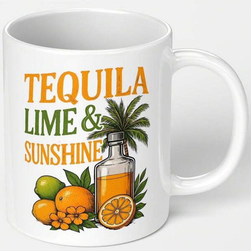 Tailorly White Ceramic 11 oz Mug - Tequila Lime Sunshine Vibrant Citrus Fruit With A Tropical Palm Tree And Glass Bottle