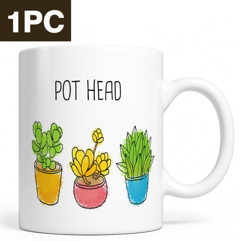 Tailorly White Ceramic 11 oz Mug - Pot Head Three Hand Drawn Colorful Succulent Potted Plants Growing In Small Containers Plant