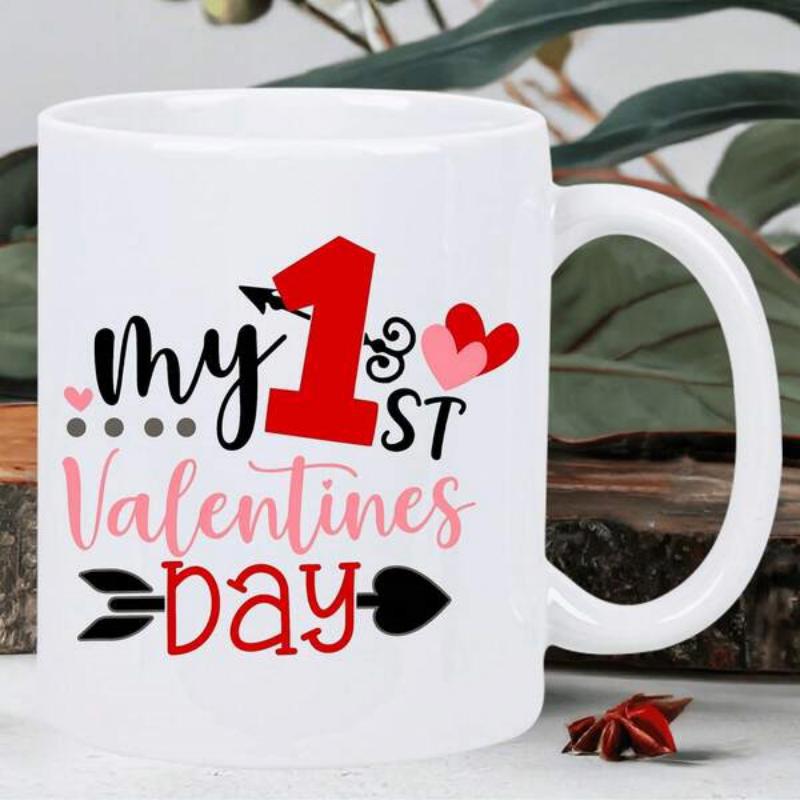 Tailorly White Ceramic 11 oz Mug - My 1st Valentines Day Bold Typography With Romantic Arrows And Decorative Colorful Heart Arrow