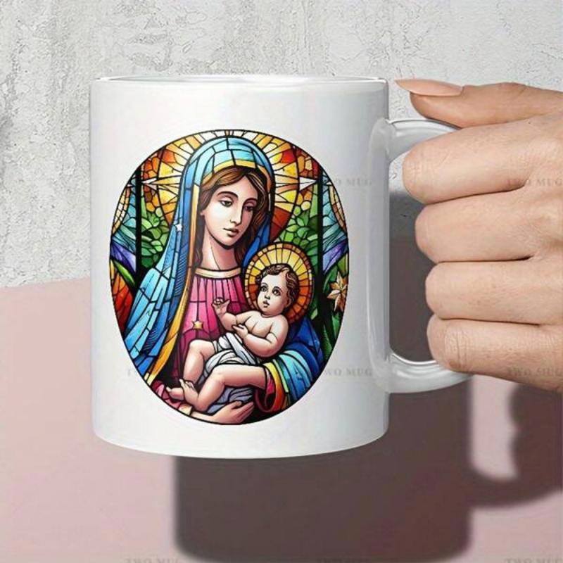 Tailorly White Ceramic 11 oz Mug - Colorful Stained Glass Pattern Featuring Blessed Mother Mary And Infant Jesus Madonna