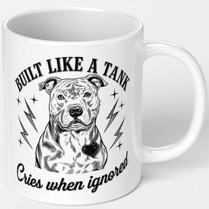 Tailorly White Ceramic 11 oz Mug - Built Like A Tank Cries When Ignored Strong Muscular Dog Head Surrounded By Lightning Bolts And Stars Pitbull