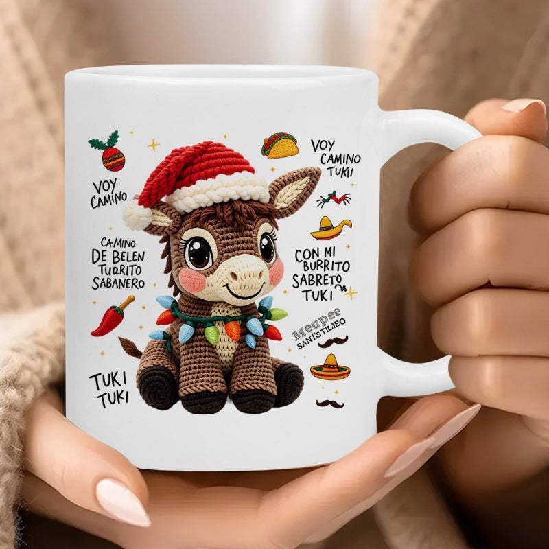 Tailorly White Ceramic 11 oz Mug - Adorable Crocheted Donkey Wearing Red Santa Hat And Festive String Lights Donkey