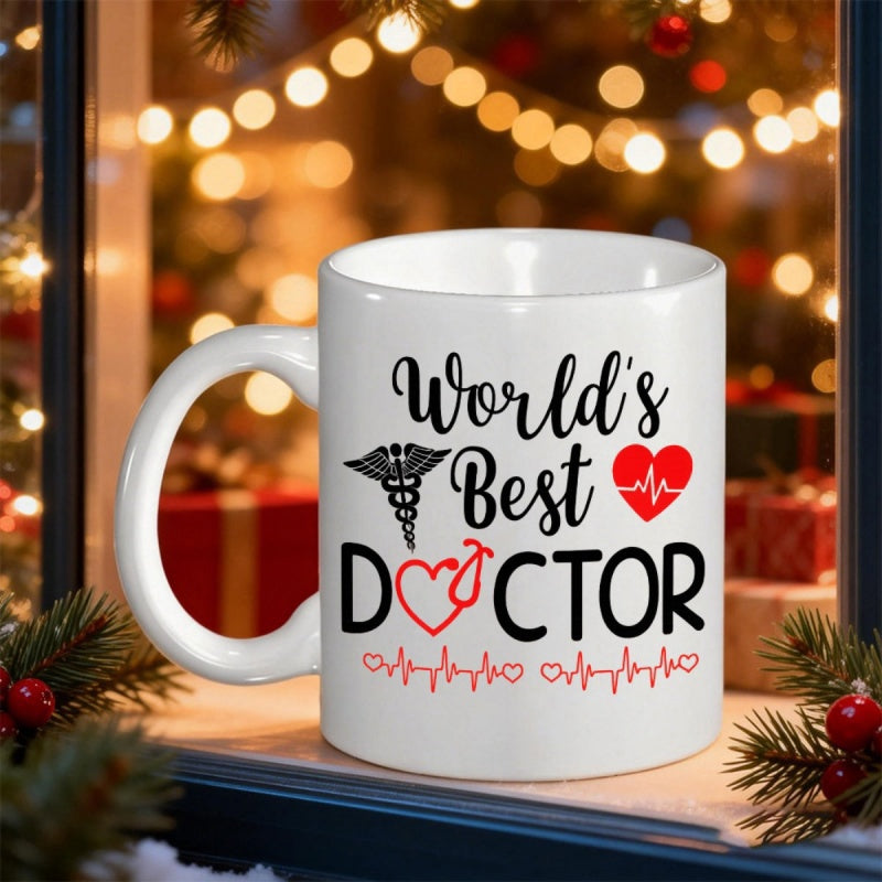 Tailorly White Ceramic 11 oz Mug - Worlds Best Doctor Graceful Heartbeat Symbols With Heart Stethoscope And Iconic Medical Mug