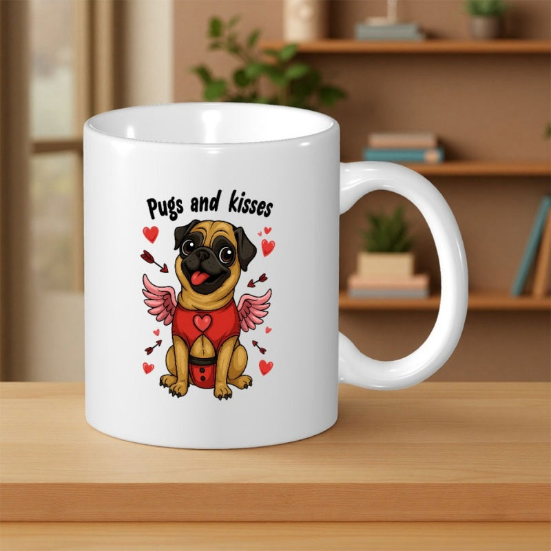 Tailorly White Ceramic 11 oz Mug - Pugs And Kisses Adorable Cupid Dog With Angel Wings And Floating Hearts In Cartoon Style Pug