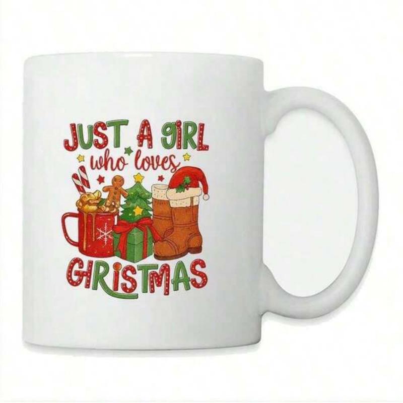 Tailorly White Ceramic 11 oz Mug - Just A Girl Who Loves Christmas Festive Arrangement Featuring A Gingerbread Man Tree And Santa Boots Mug