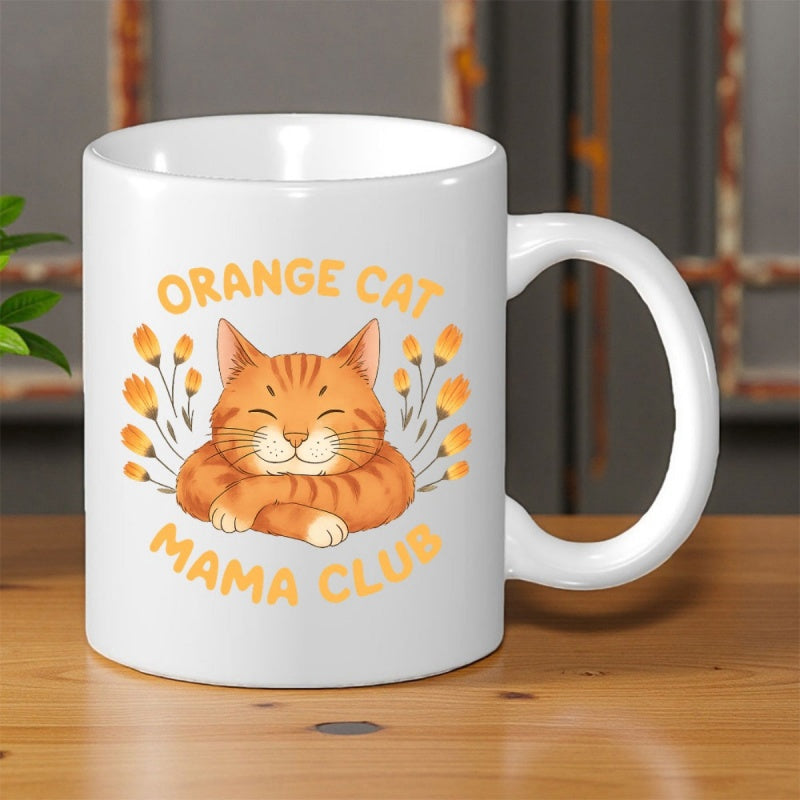 Tailorly White Ceramic 11 oz Mug - Orange Cat Mama Club Smiling Ginger Tabby Resting Peacefully Surrounded By Small Delicate Yellow Flowers Cat