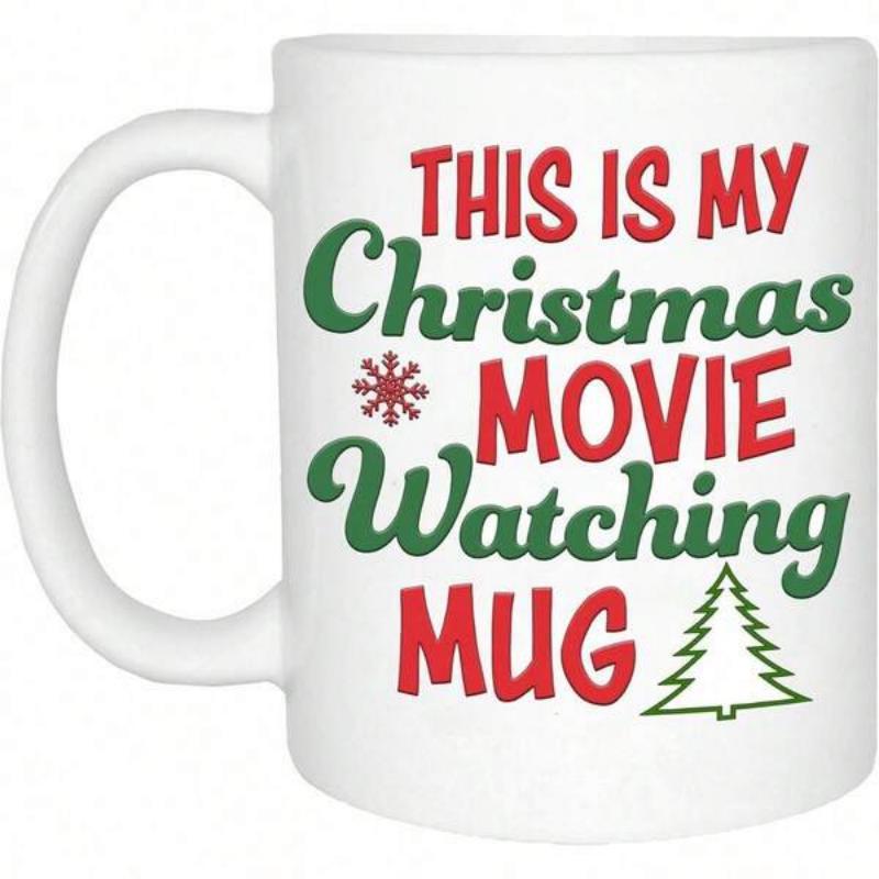 Tailorly White Ceramic 11 oz Mug - This Is My Christmas Movie Watching Mug Festive Red And Green Text With Snowflake And Minimalist Outlined Pine Tree Mug