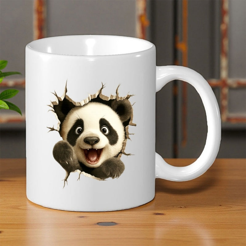 Tailorly White Ceramic 11 oz Mug - Adorable Smiling Animal Peeking Through A Realistic Cracked White Wall Panda