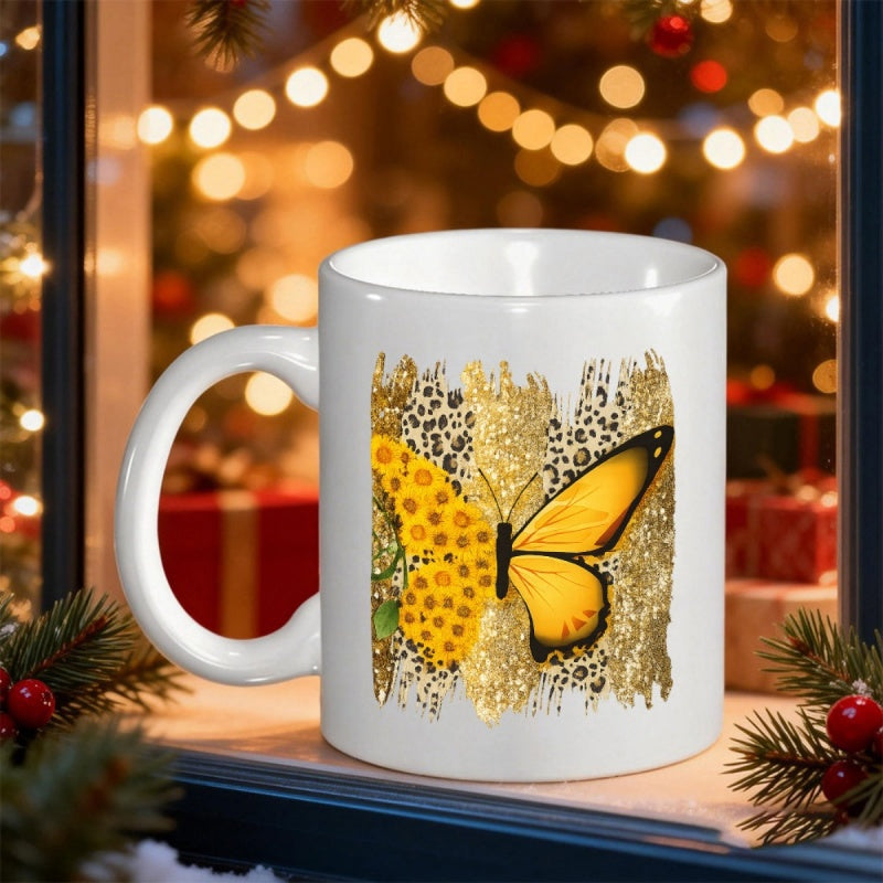 Tailorly White Ceramic 11 oz Mug - Elegant Yellow Wings With Golden Glitter Textures And Leopard Print Accents Butterfly