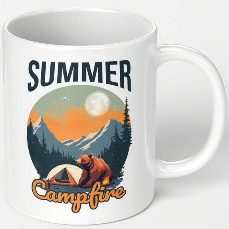 Tailorly White Ceramic 11 oz Mug - Summer Campfire Majestic Mountains Under Glowing Full Moon With Forest Tent Resting Bear