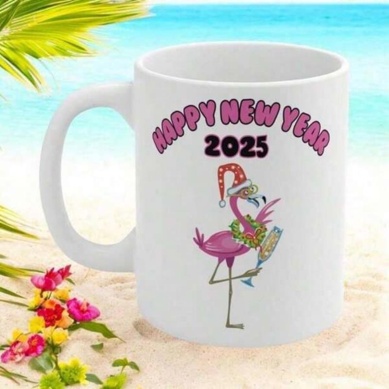 Tailorly White Ceramic 11 oz Mug - Happy New Year 2025 Festive Pink Bird Wearing Holiday Hat With Green Wreath Holding Drink Flamingo