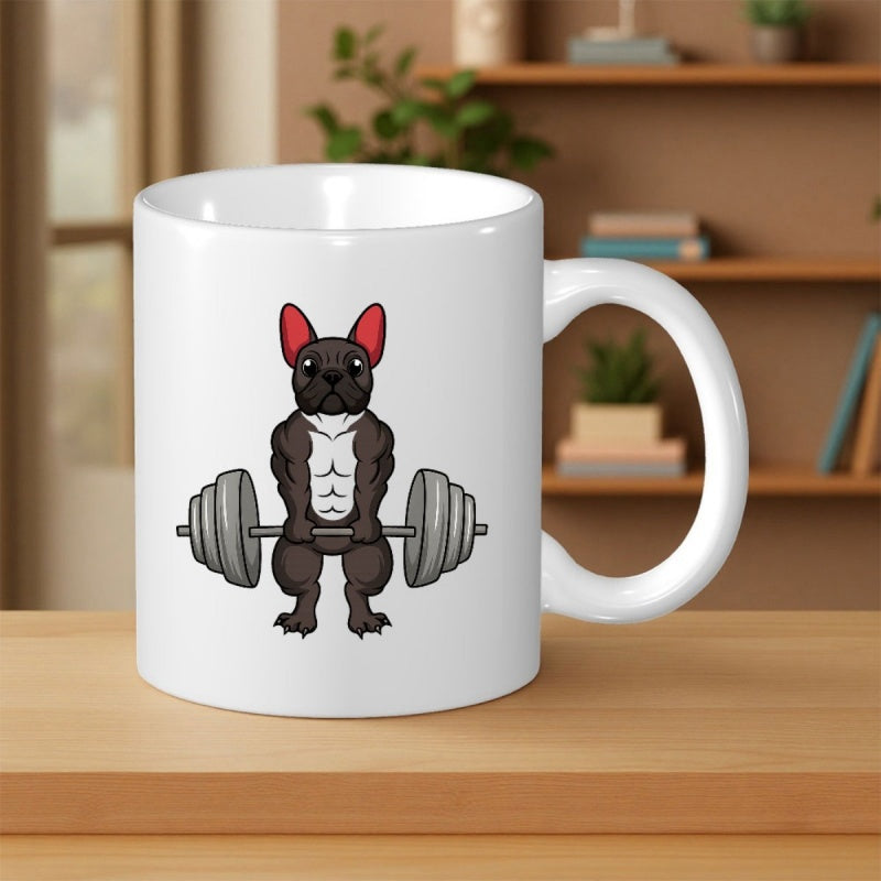 Tailorly White Ceramic 11 oz Mug - Strong Muscular Cartoon Dog Lifting Heavy Weightlifting Barbell Gear Frenchie