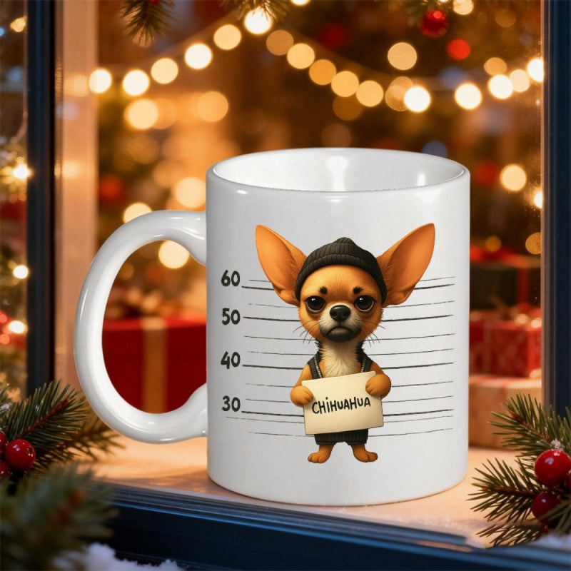Tailorly White Ceramic 11 oz Mug - Chihuahua Little Dog Wearing Black Beanie Holding Small Sign Before Height Scale Chihuahua
