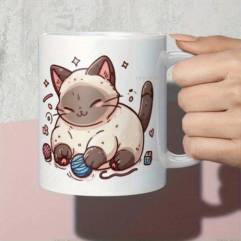 Tailorly White Ceramic 11 oz Mug - Playful Cartoon Siamese With Blue Yarn Ball And Decorative Stars Cat