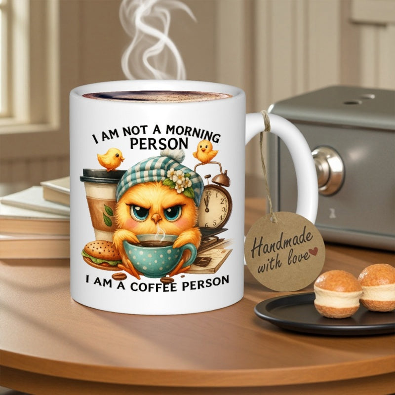 Tailorly White Ceramic 11 oz Mug - I Am Not A Morning Person I Am A Coffee Person Grumpy Small Bird Wearing Knit Hat Holding A Steaming Cup Chick