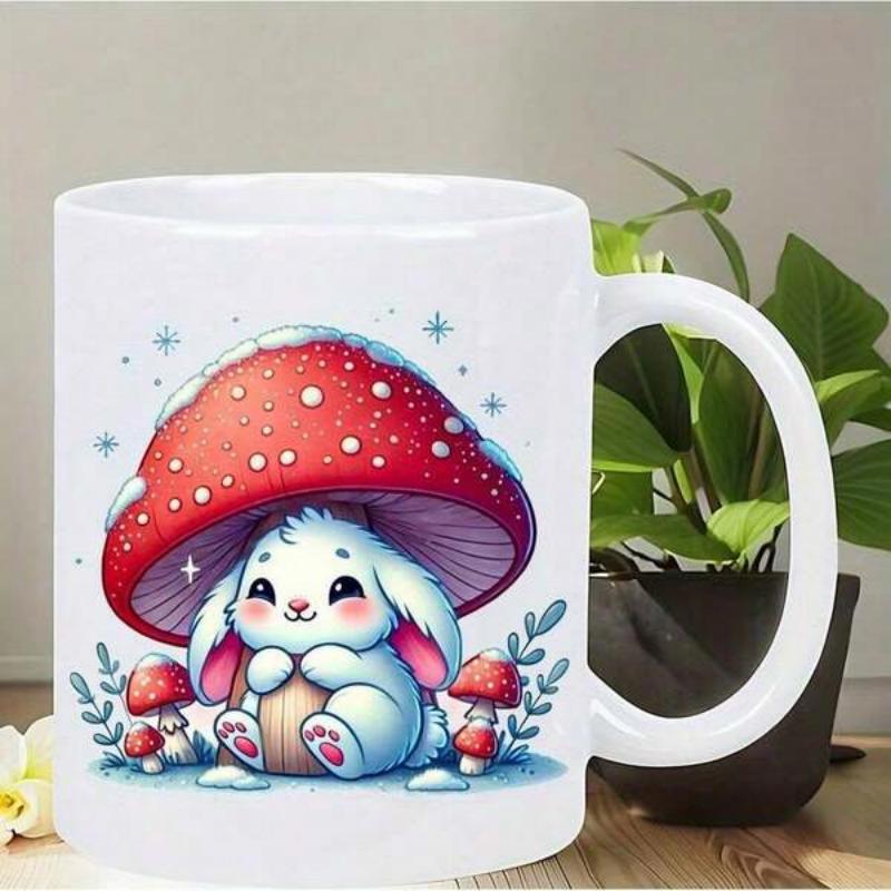 Tailorly White Ceramic 11 oz Mug - Adorable White Bunny Sheltered Under Vibrant Red Spotted Toadstool Forest Rabbit
