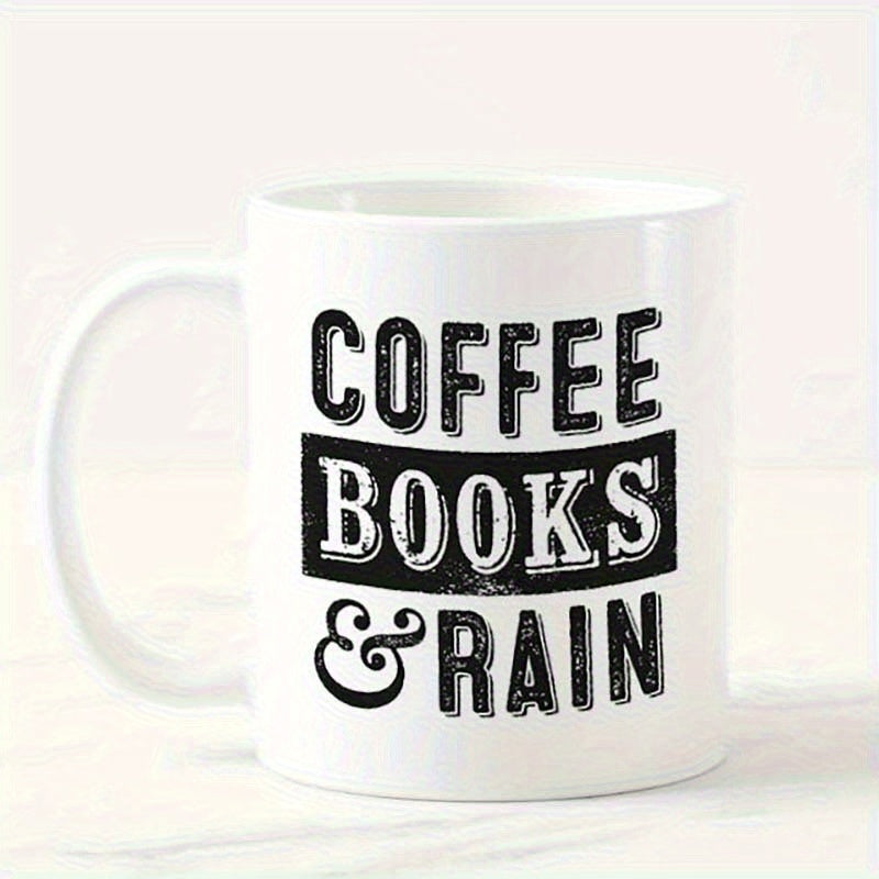 Tailorly White Ceramic 11 oz Mug - Coffee Books Rain Distressed Vintage Lettering On A Clean