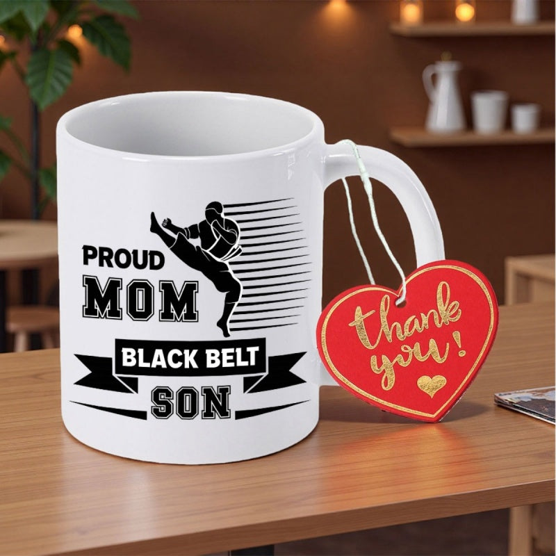 Tailorly White Ceramic 11 oz Mug - Proud Mom Black Belt Son Powerful Martial Artist Silhouette Performing High Kick With Dynamic Motion Lines Karateka