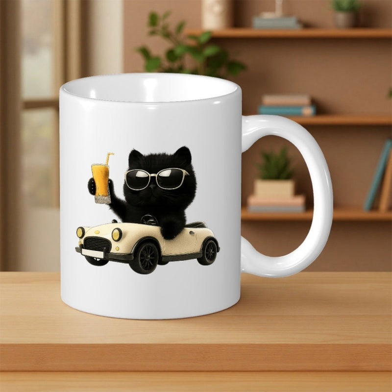 Tailorly White Ceramic 11 oz Mug - Cool Black Cat Wearing Dark Sunglasses Driving Vintage Cream Convertible Cat