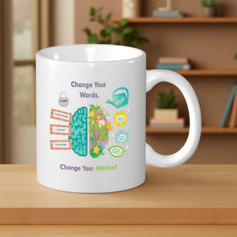 Tailorly White Ceramic 11 oz Mug - Change Your Words Change Your Mindset Growing Garden Inside A Human Mind Metaphorical Concept Brain