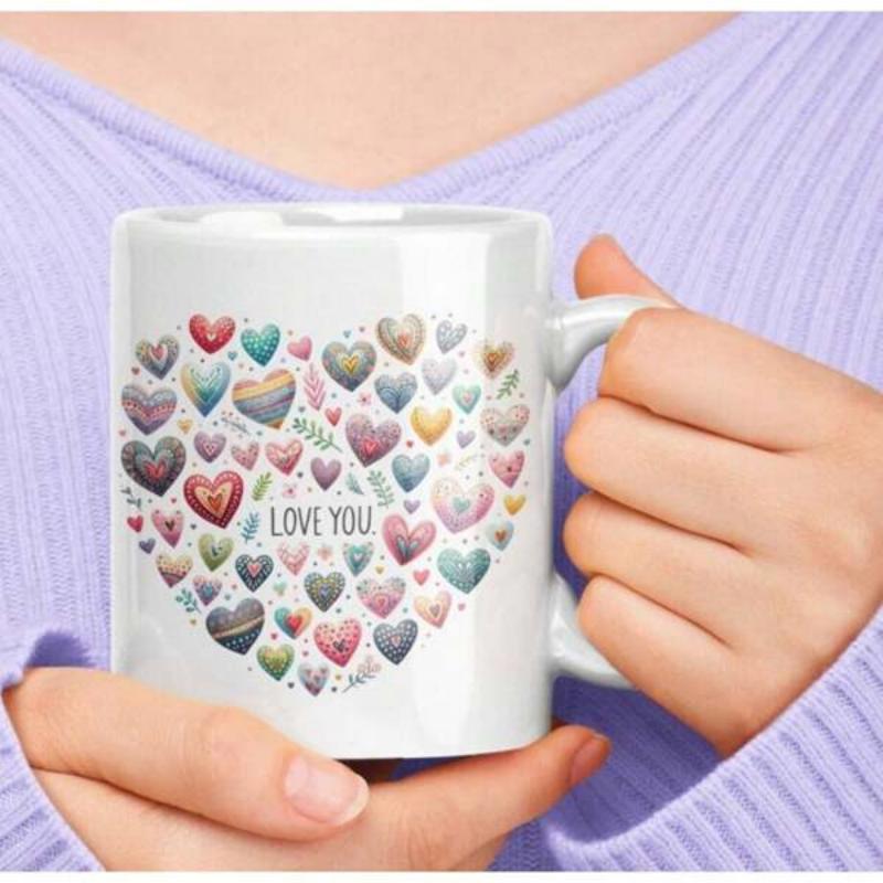 Tailorly White Ceramic 11 oz Mug - Love You Colorful Pastel Hearts Creating A Symbolic Romantic Large Shape Heart