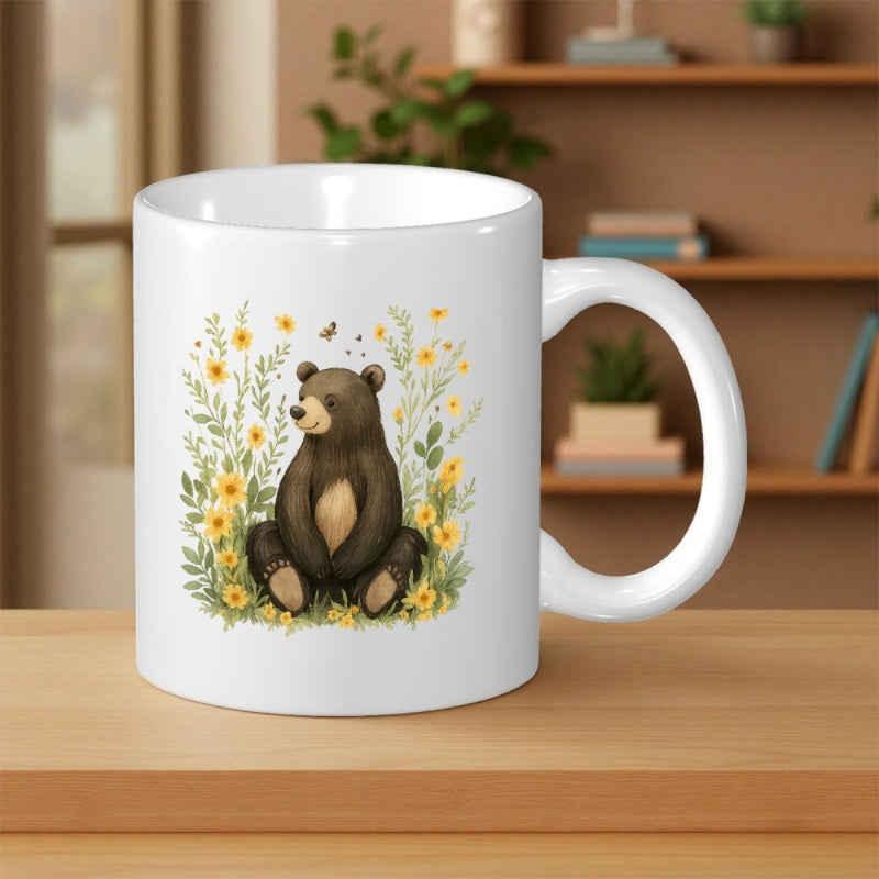 Tailorly White Ceramic 11 oz Mug - Sitting In A Field Of Wild Yellow Flowers And Green Leaves Bear