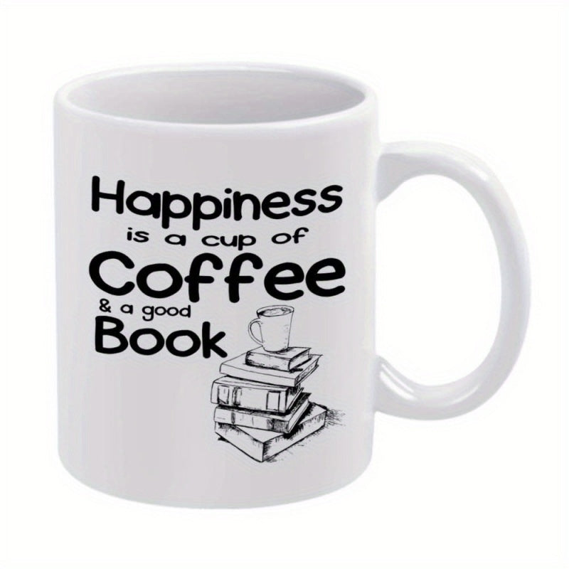 Tailorly White Ceramic 11 oz Mug - Happiness Is A Cup Of Coffee A Good Book Minimalist Line Art Sketch Of Stacked Hardcover Literature Volumes Book
