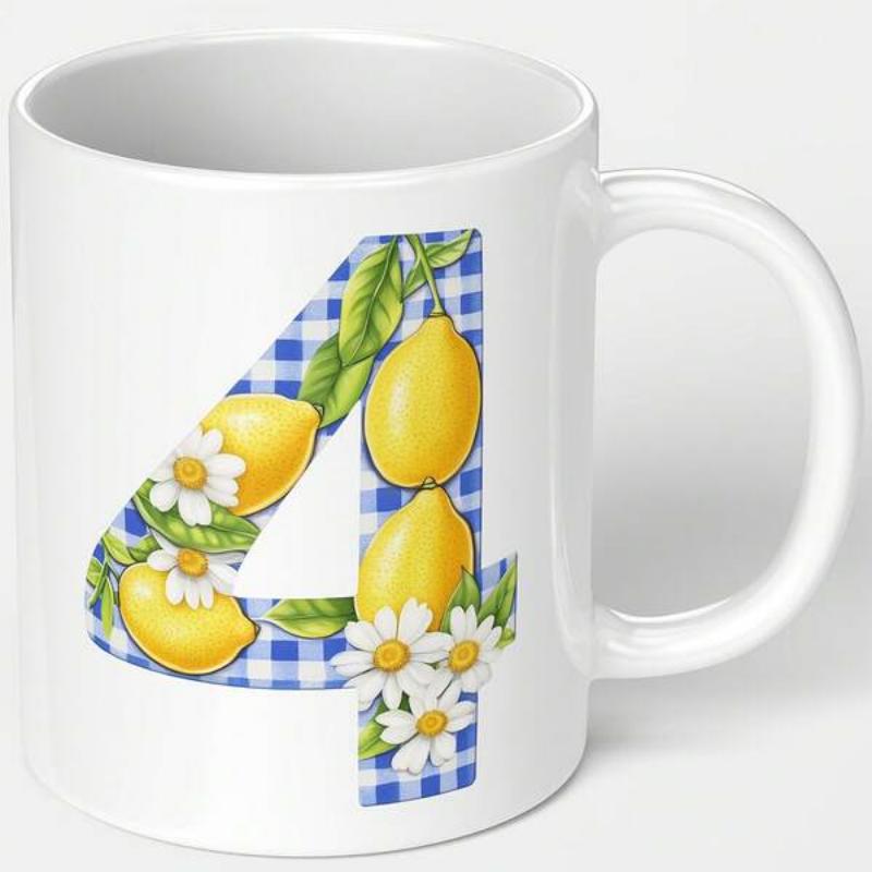 Tailorly White Ceramic 11 oz Mug - Vibrant Yellow Lemons And White Daisies Over Blue Gingham Pattern Number