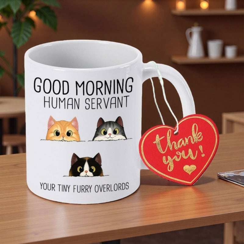 Tailorly White Ceramic 11 oz Mug - Good Morning Human Servant Your Tiny Furry Overlords Three Cute Cartoon Kittens Peeking From Behind Parallel Horizontal Lines