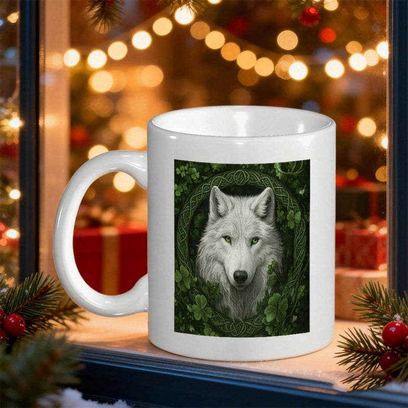Tailorly White Ceramic 11 oz Mug - Majestic White Wolf Head Centered Within Lush Green Clover Foliage Wolf