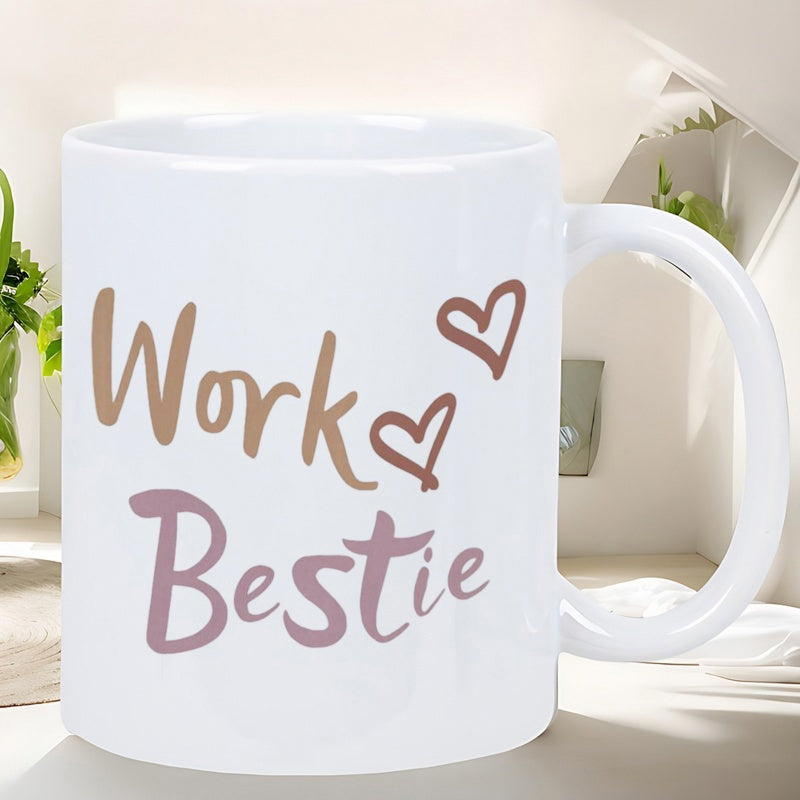 Tailorly White Ceramic 11 oz Mug - Work Bestie Simple Hand Drawn Outlined Hearts Floating Beside Elegant Script Typography Design Heart