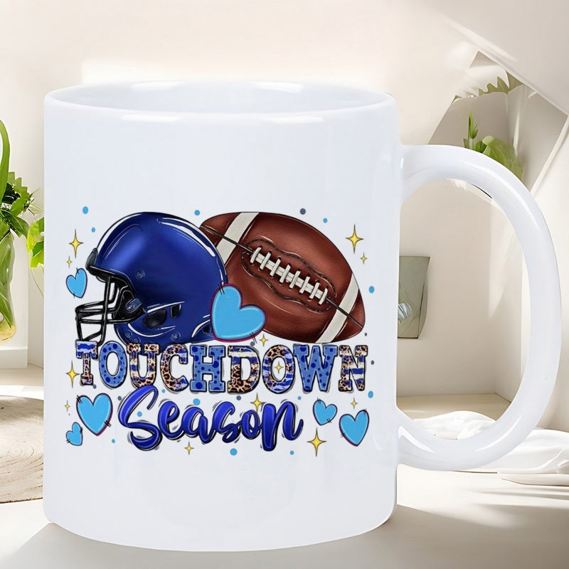 Tailorly White Ceramic 11 oz Mug - Touchdown Season Glossy Blue Helmet And Classic Brown Football With Decorative Hearts Football