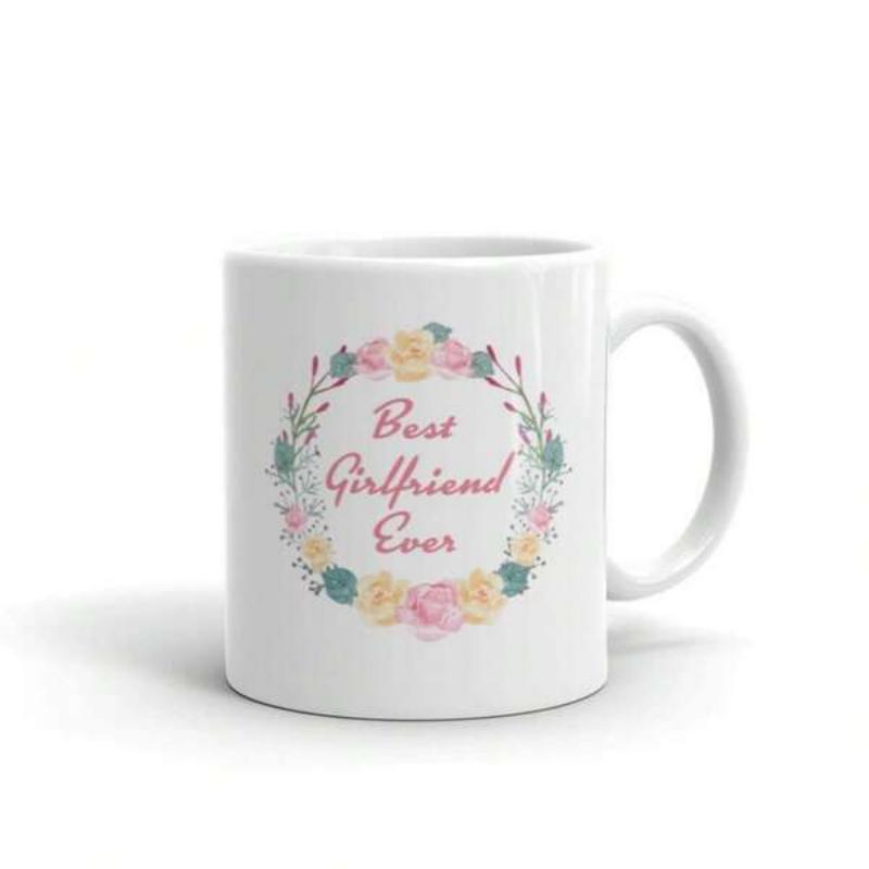 Tailorly White Ceramic 11 oz Mug - Best Girlfriend Ever Delicate Pastel Roses Nestled Among Elegant Green Leaves Forming A Circular Floral Wreath