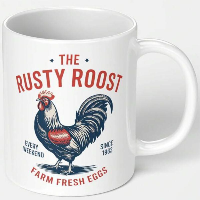 Tailorly White Ceramic 11 oz Mug - The Rusty Roost Every Weekend Since 1963 Farm Fresh Eggs Vintage Hand Drawn Proud Bird Standing Among Farmhouse Scenic Elements