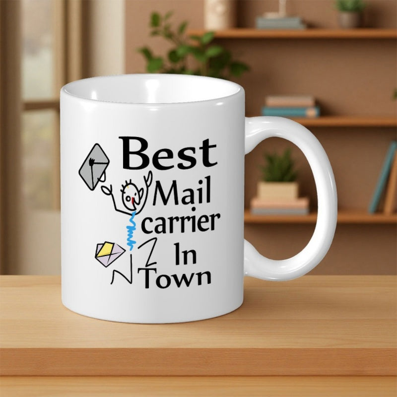 Tailorly White Ceramic 11 oz Mug - Best Mail Carrier In Town Whimsical Stick Figure Delivering Mail Among Scattered Envelopes Mailman