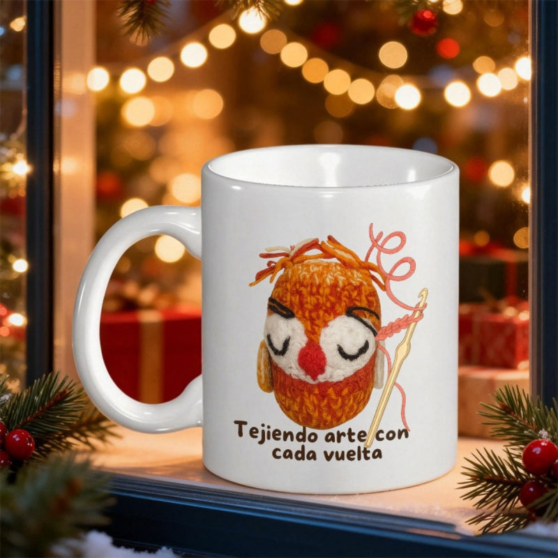 Tailorly White Ceramic 11 oz Mug - Orange Knitted Amigurumi Style Sitting Peacefully With Crochet Hook And Pink Yarn Owl