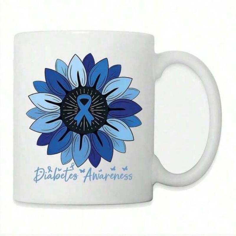 Tailorly White Ceramic 11 oz Mug - Diabetes Awareness Blooming Petals In Various Shades Of Blue With Support Ribbon Sunflower