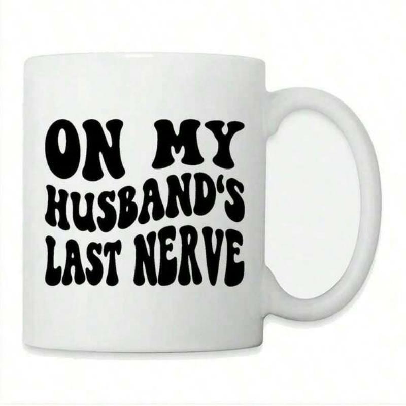 Tailorly White Ceramic 11 oz Mug - On My Husband's Last Nerve Classic Ceramic Drinking Vessel Featuring Bold Retro Wavy Script Typography Style Mug