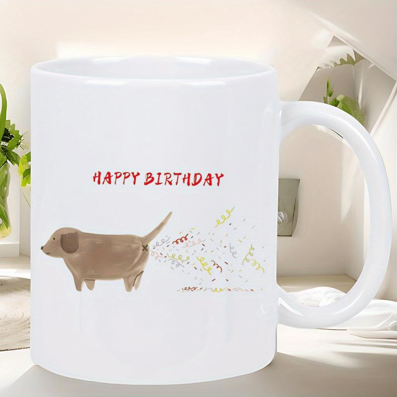 Tailorly White Ceramic 11 oz Mug - Happy Birthday Small Brown Dog Farting Vibrant Confetti Pieces During Festive Occasion Dog