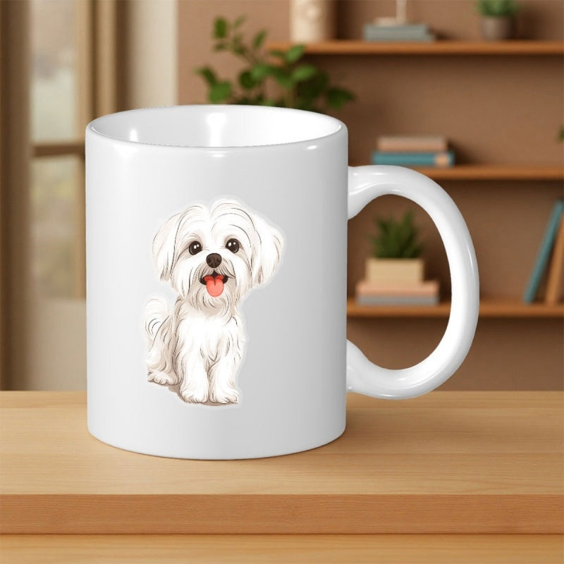Tailorly White Ceramic 11 oz Mug - Cute Fluffy White Puppy Sitting Peacefully On A Clean Surface Dog