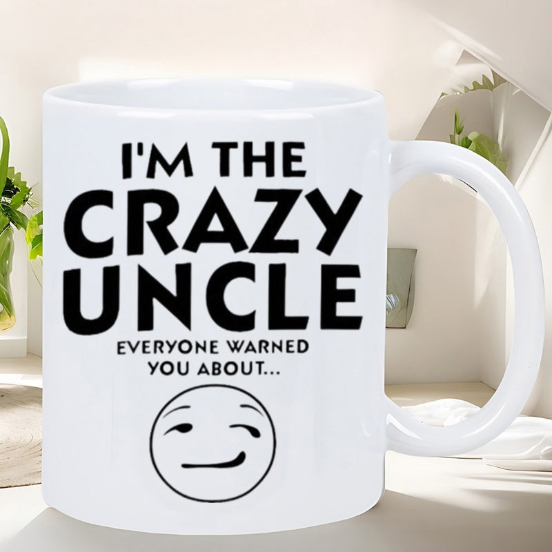 Tailorly White Ceramic 11 oz Mug - Im The Crazy Uncle Everyone Warned You About Minimalist Black Line Drawing Winking Smirking Humorous Face Uncle