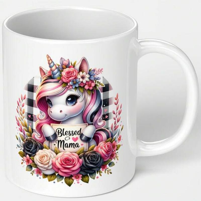 Tailorly White Ceramic 11 oz Mug - Blessed Mama Adorable Unicorn With Floral Crown Sitting Among Pink And White Roses Unicorn